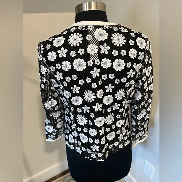 ZELDA Vintage Black/White Floral Faux Leather Cutout Mesh Jacket - Picture 7 of 11